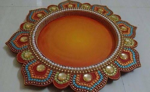 Decorative Kundan Work Wooden MDF Pooja Thali