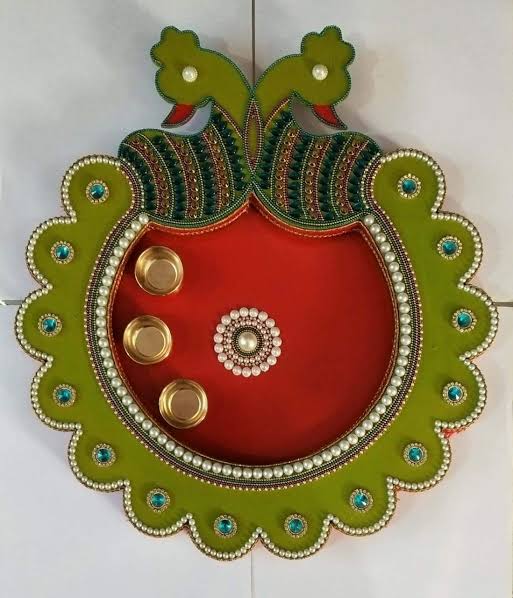 Wooden (MDF) Puja Plate with Kundan Work (Parrots)