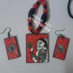 Wooden Neckless With Earing Set In Square Shape ( Red Colour Women Painting)