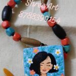 Wooden Neckless With Earing Set In Square Shape( Girl Painting)